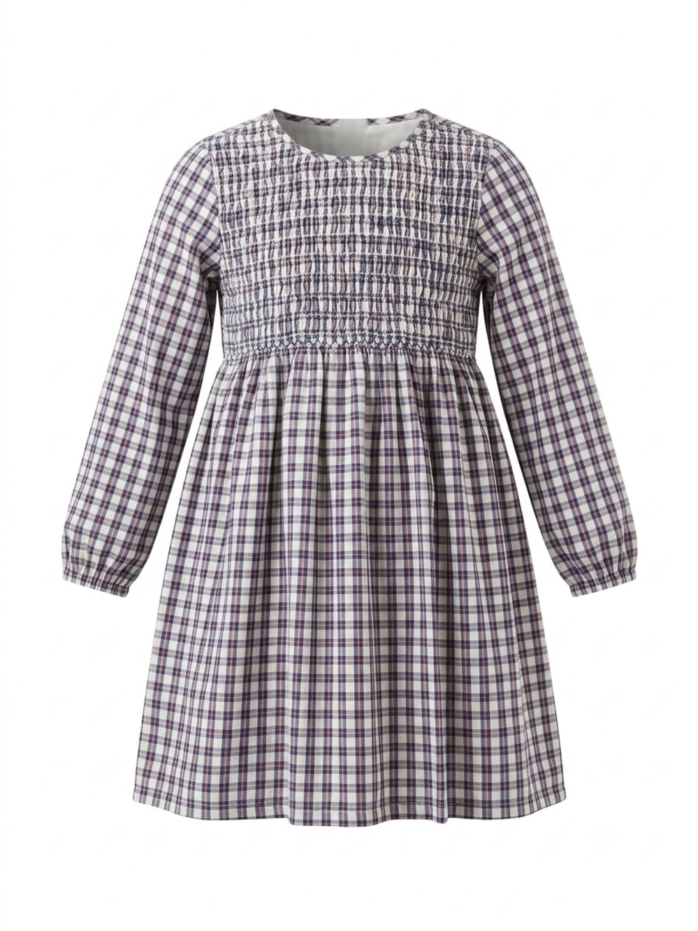 NWT Girls'  Blue Plaid Long-Sleeve Smocked Casual Dress 100% Organic Cotton Sz 7